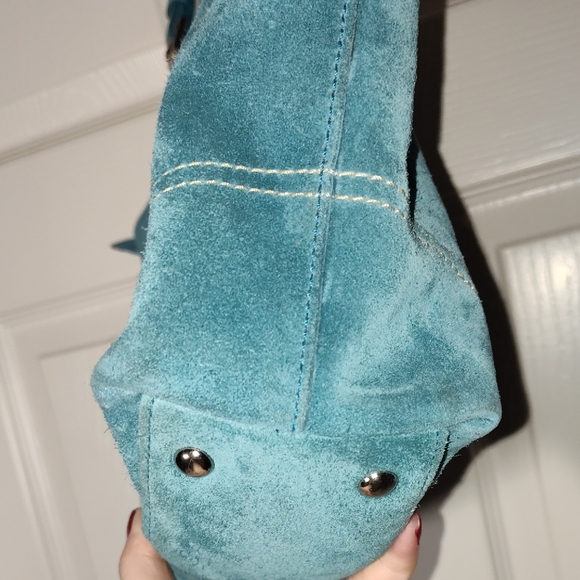 Coach 8B31 Torqoise Blue Suede Tote Gunmetal Beaded Zipper Shoulder Bag - Picture 14 of 17